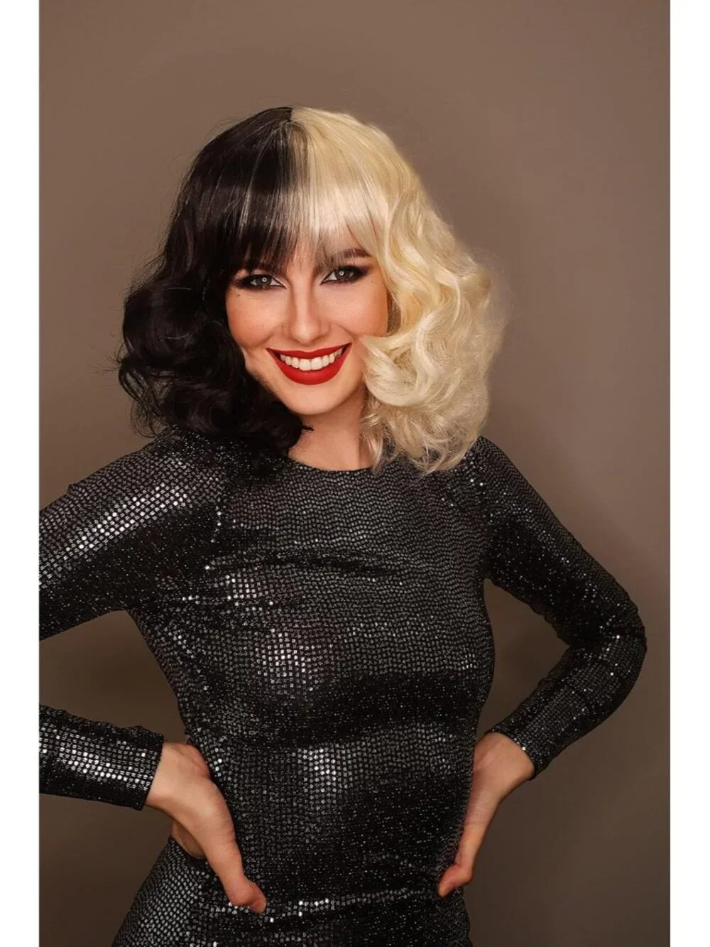 Women's Black White 10 Inch Heat Resistant Realistic Disco Long Curly Hair Wigs